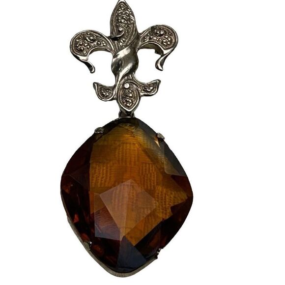 Vtg Fleur De Lis Glass Crystal Brooch Large Amber Colored Glass Stone Silvertone - Picture 4 of 7